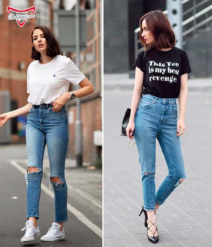 Cách phối đồ nữ đơn giãn giữa quần jeans và áo phông